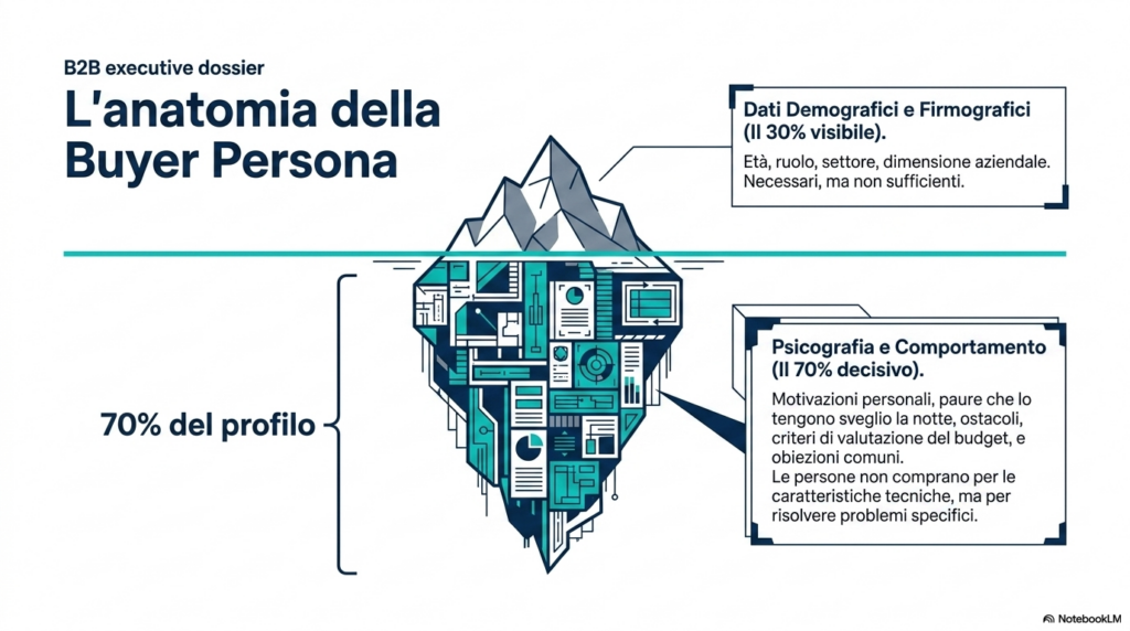 Infografica anatomia della buyer persona B2B con le aree di analisi: background demografico, obiettivi, sfide, obiezioni e soluzione al bisogno