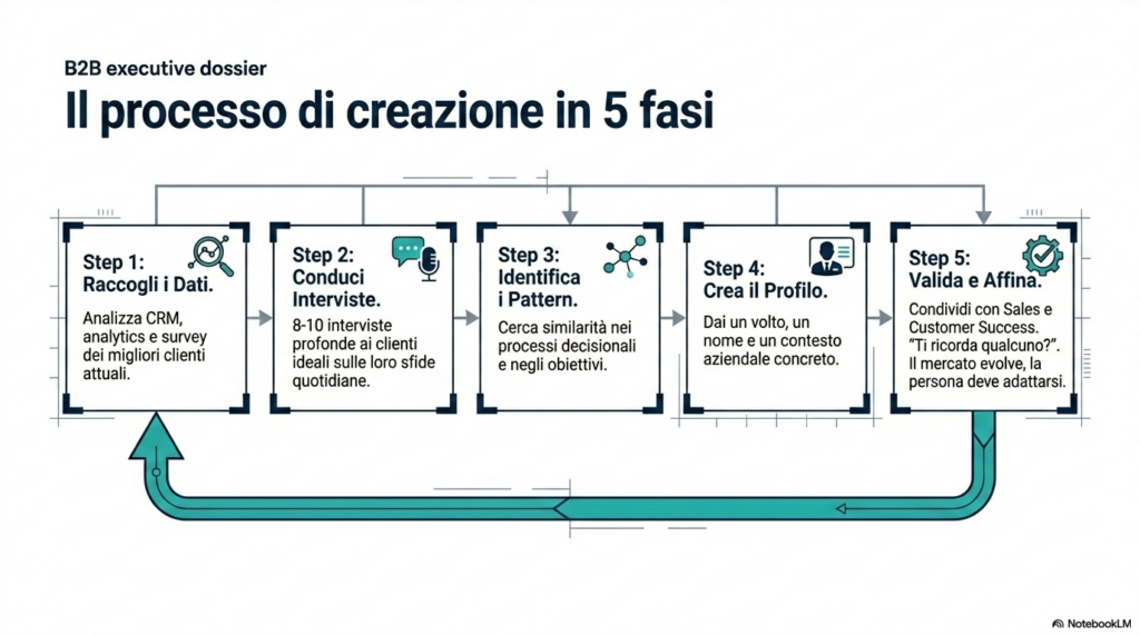 Processo in cinque passi per creare una buyer persona B2B: raccolta dati, interviste, analisi pattern, profilo, validazione