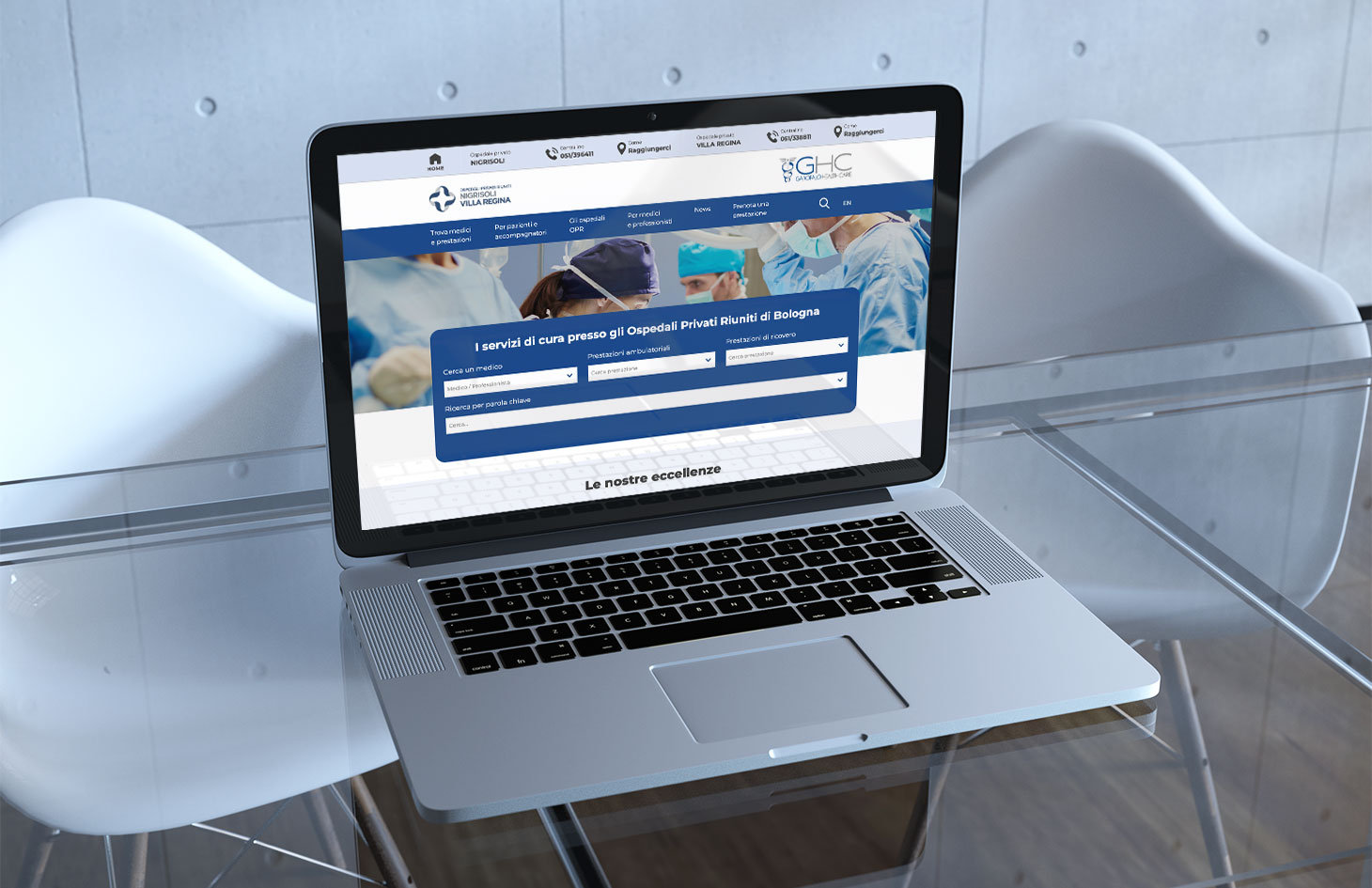 Caso studio marketing sanitario: +732 % fanbase per ospedali privati GHC laptop sito web opr