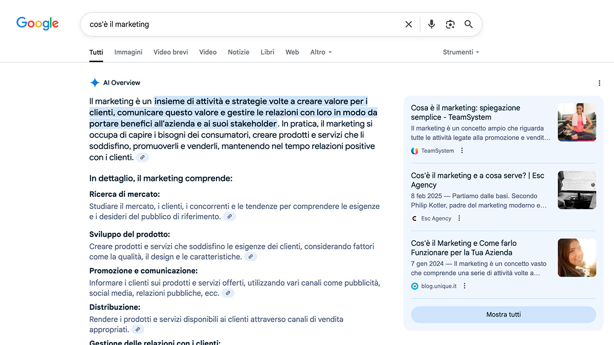 Esempio di Google AI Overview nei risultati di ricerca per query relative al marketing B2B