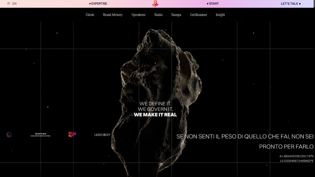 Homepage di Bliss Agency, creative agency di Roma specializzata in brand strategy e web design B2B