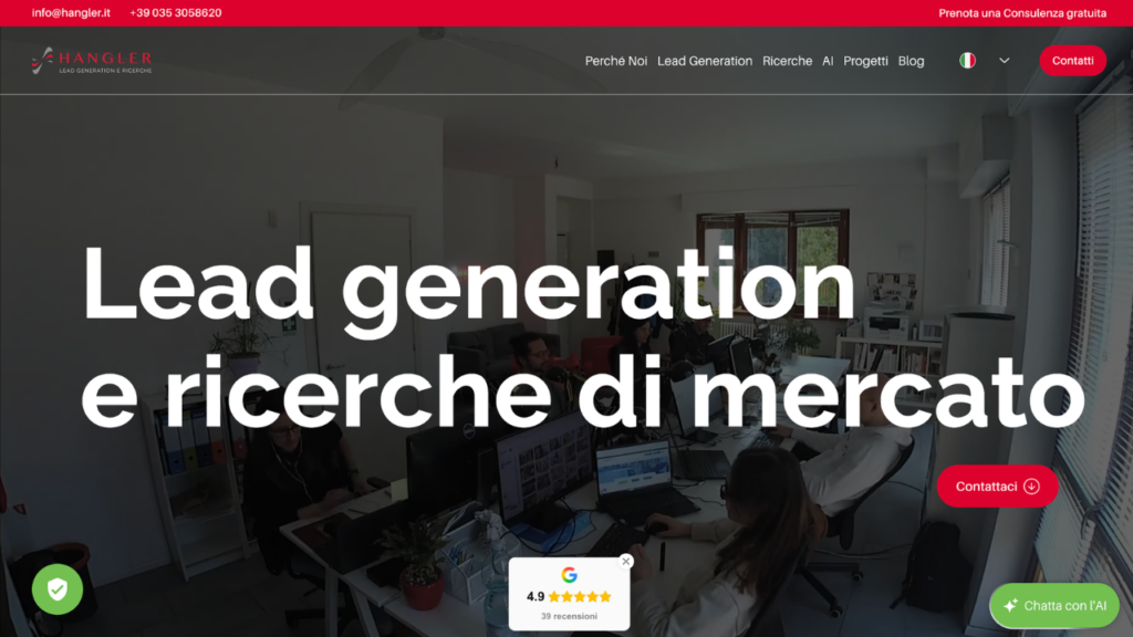 Homepage di Hangler Marketing Advisor, agenzia di lead generation B2B e ricerche di mercato indipendenti con sede a Bergamo