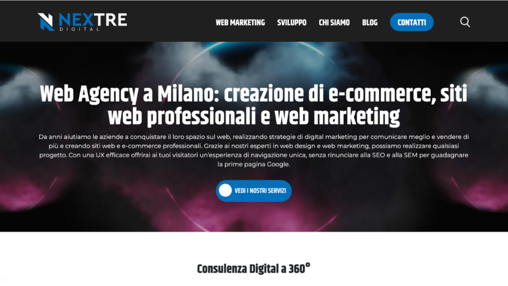 Homepage di Nextre Digital, agenzia di lead generation B2B con sviluppo software custom integrato con sede a Milano