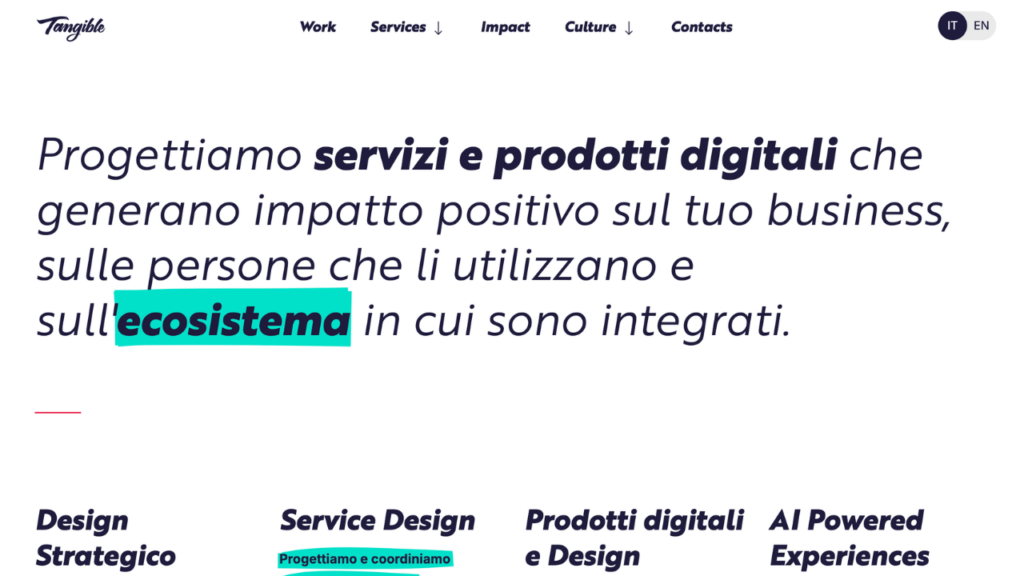 Homepage di Tangible, studio di experience design e service design B Corp con sede a Milano